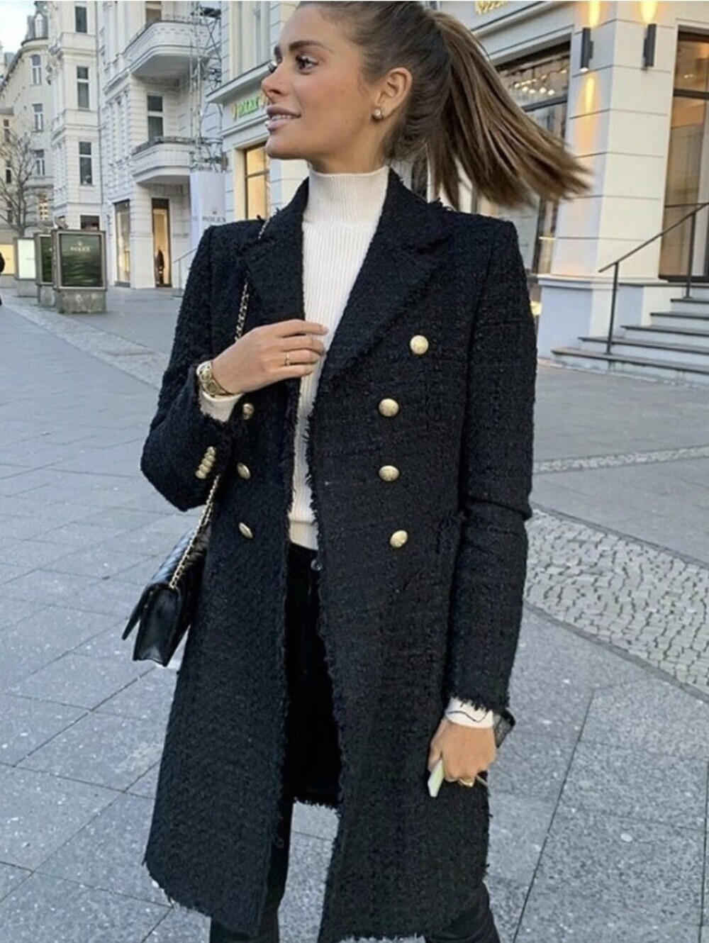 Zara Black Textured Tweed Double Breast  With Gold Buttons Long Coat Size S